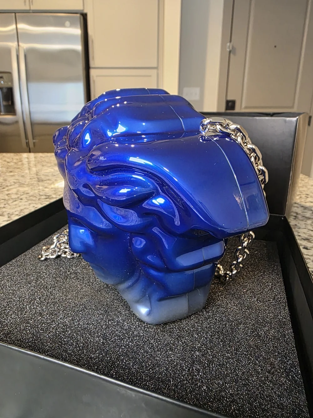 Blue-to-Silver Gradient Medusa Head Crossbody Bag with Chain